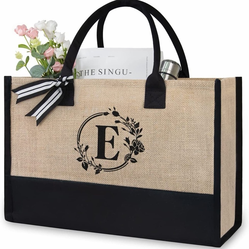 Jute personalized canvas Black/Tan Tote letter E Initial Hand Beach Grocery purs